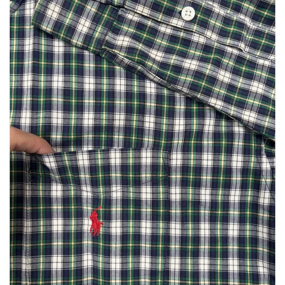 Polo Ralph Lauren Button Down‎ Shirt Mens XL (FITS M) Navy Blue Green Plaid Pony